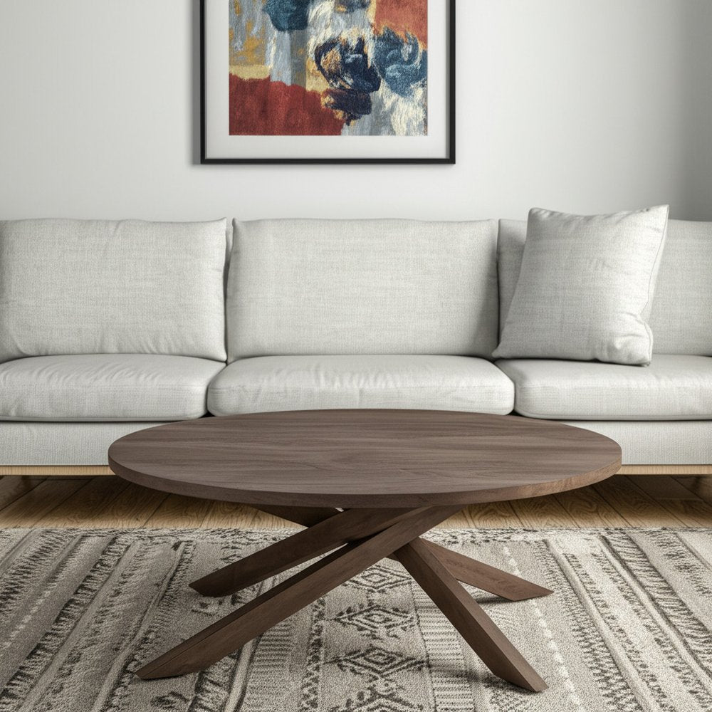 42" Brown Solid Wood Round Cross Legs Coffee Table HomeRoots