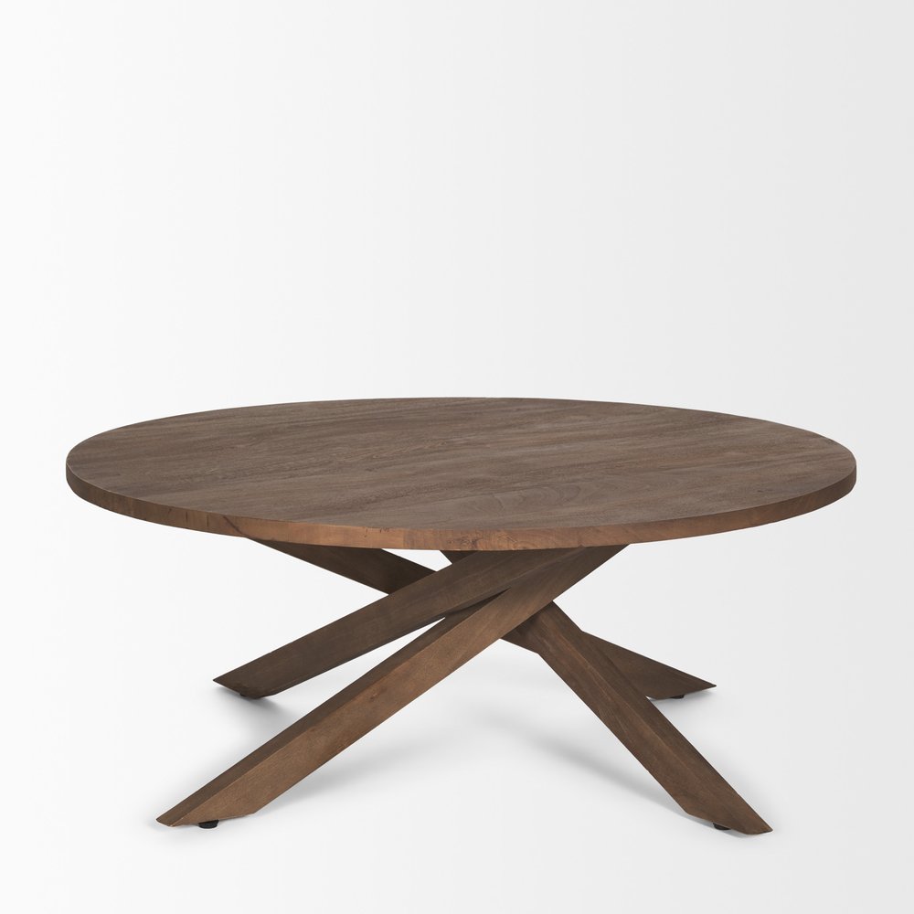 42" Brown Solid Wood Round Cross Legs Coffee Table HomeRoots