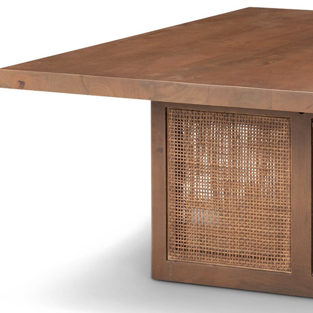 42" Brown and Natural Solid Wood and Wicker Square Double Pedestal Coffee Table HomeRoots