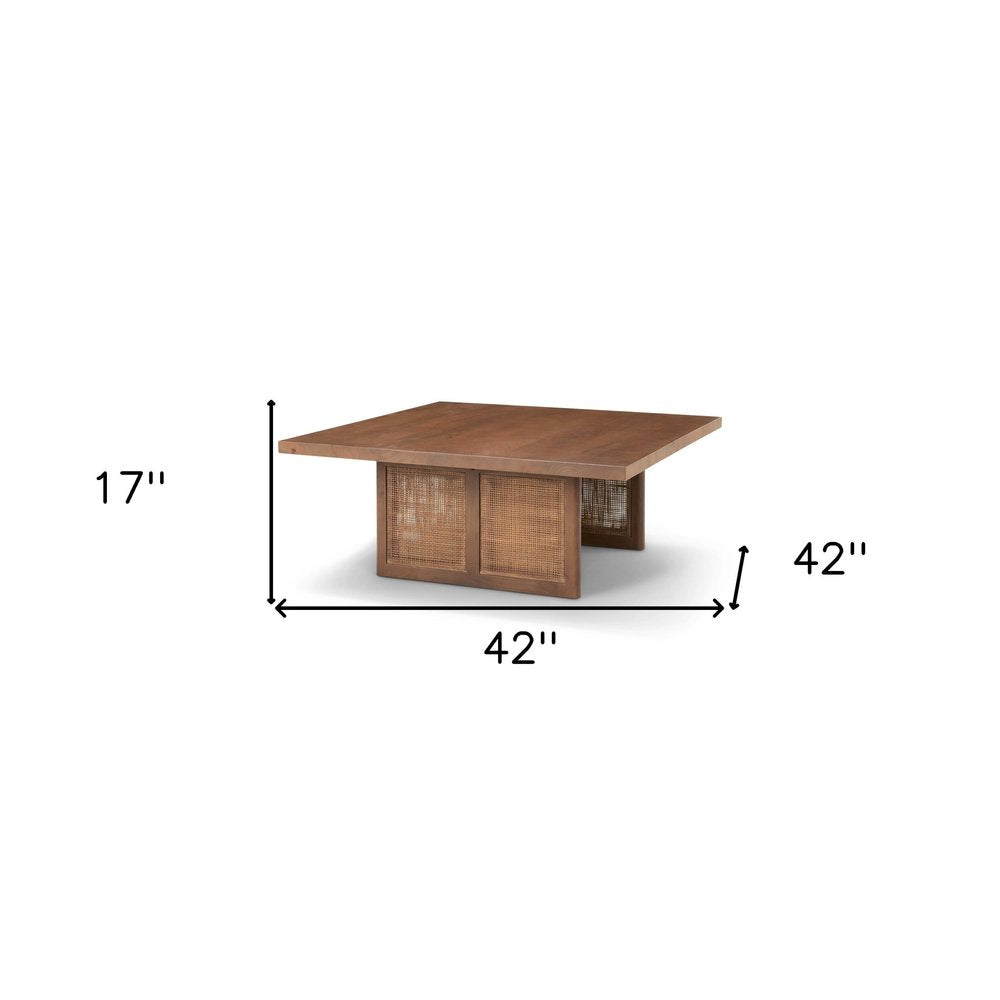 42" Brown and Natural Solid Wood and Wicker Square Double Pedestal Coffee Table HomeRoots
