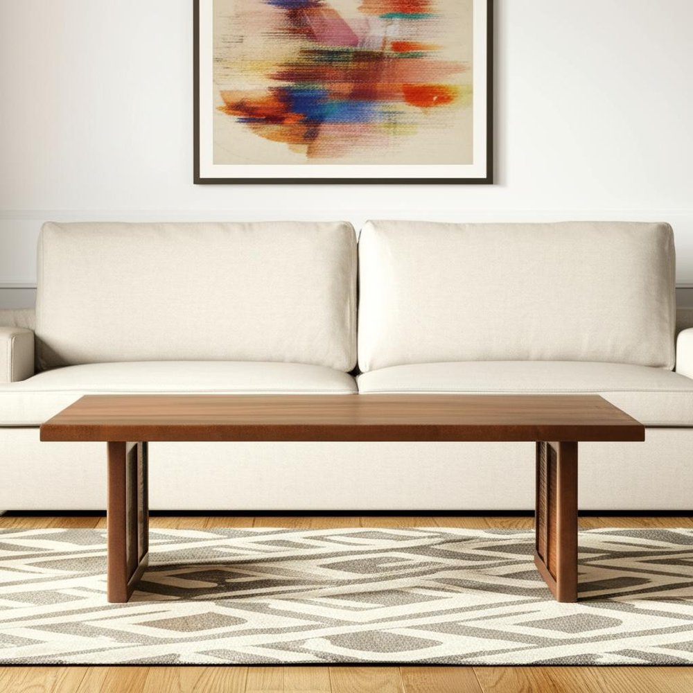 42" Brown and Natural Solid Wood and Wicker Square Double Pedestal Coffee Table HomeRoots