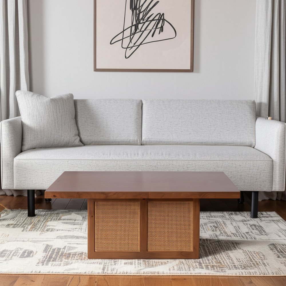 42" Brown and Natural Solid Wood and Wicker Square Double Pedestal Coffee Table HomeRoots