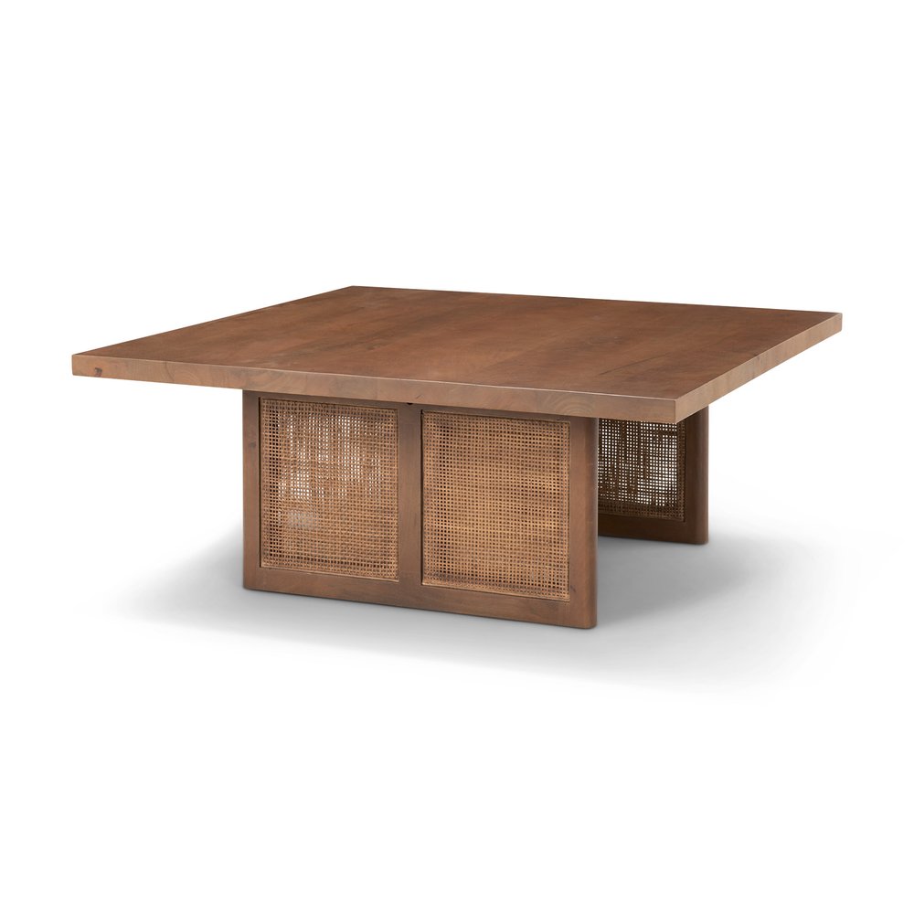 42" Brown and Natural Solid Wood and Wicker Square Double Pedestal Coffee Table HomeRoots