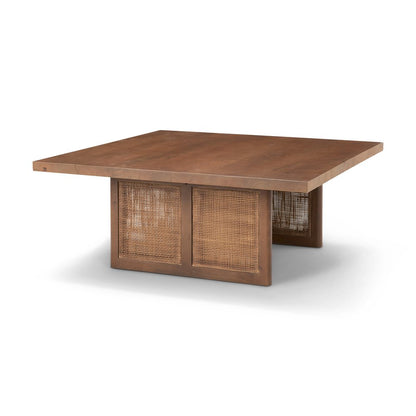 42" Brown and Natural Solid Wood and Wicker Square Double Pedestal Coffee Table HomeRoots