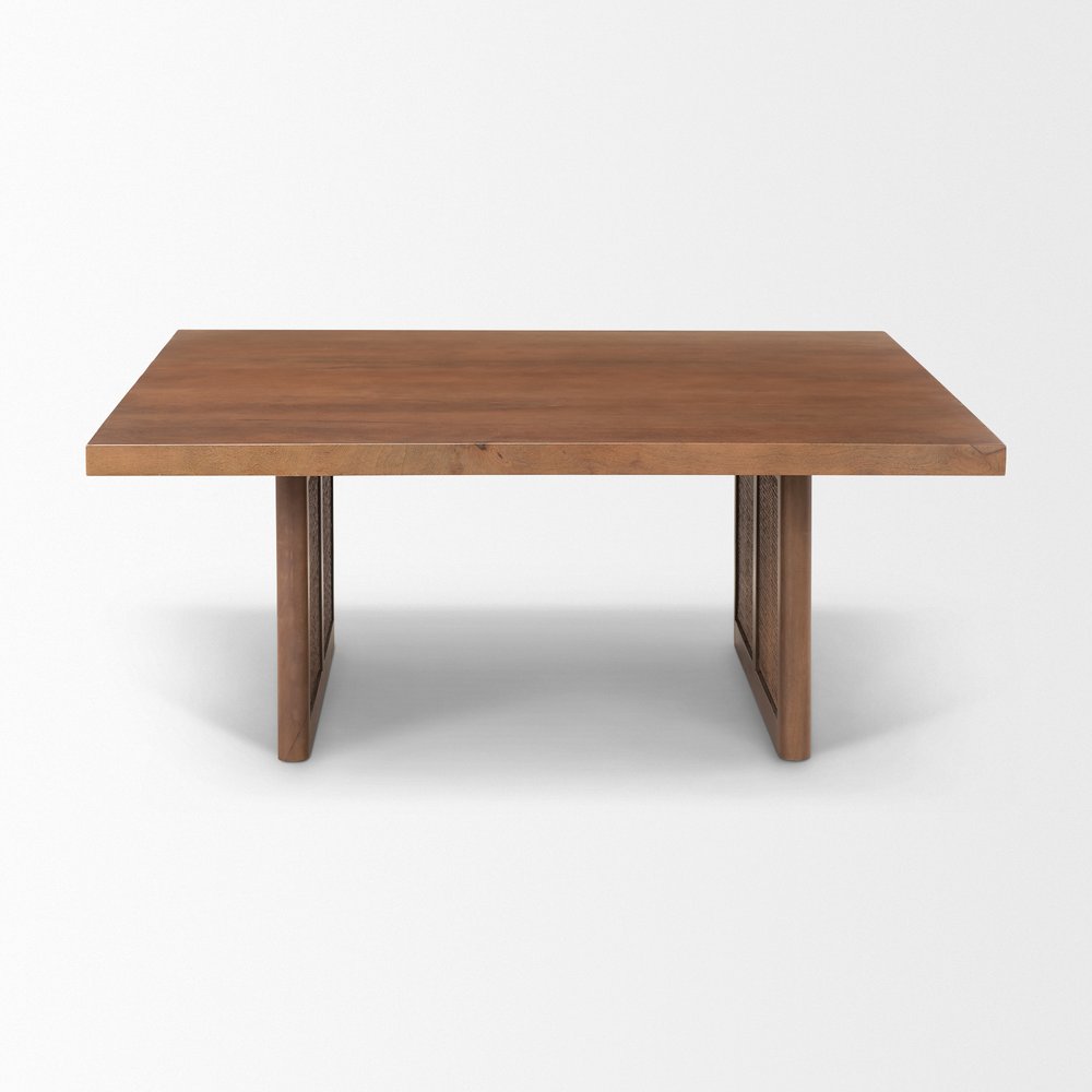 42" Brown and Natural Solid Wood and Wicker Square Double Pedestal Coffee Table HomeRoots