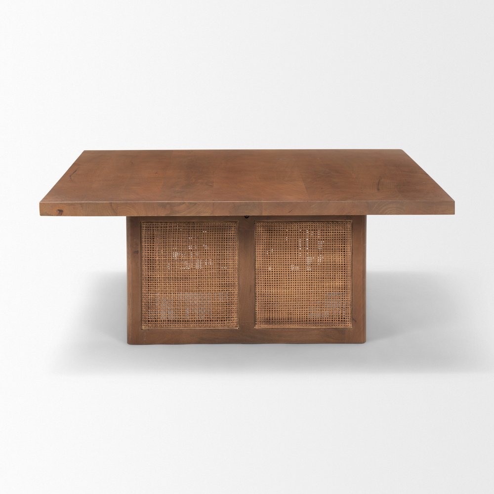 42" Brown and Natural Solid Wood and Wicker Square Double Pedestal Coffee Table HomeRoots