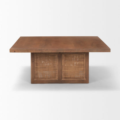 42" Brown and Natural Solid Wood and Wicker Square Double Pedestal Coffee Table HomeRoots