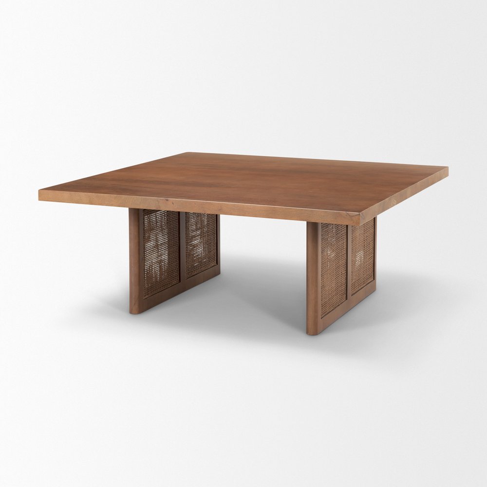 42" Brown and Natural Solid Wood and Wicker Square Double Pedestal Coffee Table HomeRoots