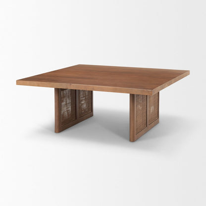 42" Brown and Natural Solid Wood and Wicker Square Double Pedestal Coffee Table HomeRoots