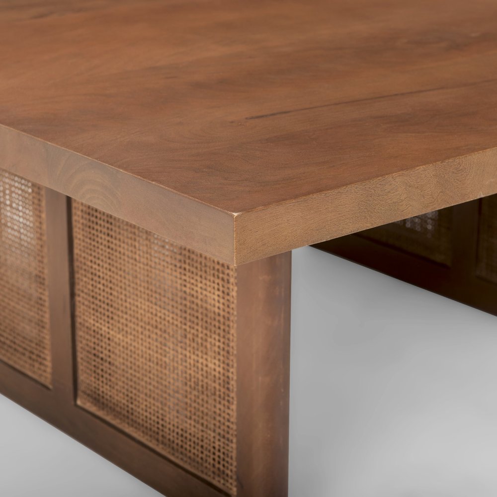 42" Brown and Natural Solid Wood and Wicker Square Double Pedestal Coffee Table HomeRoots