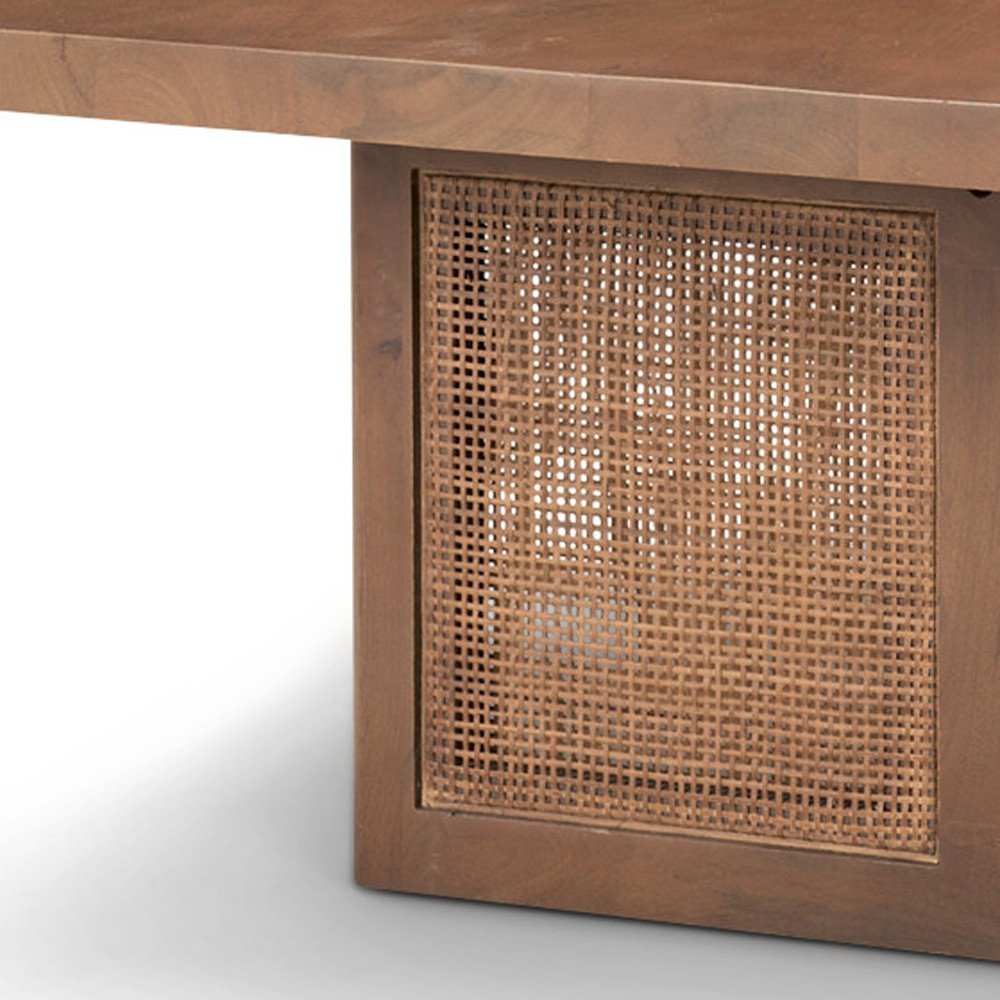 42" Brown and Natural Solid Wood and Wicker Square Double Pedestal Coffee Table HomeRoots