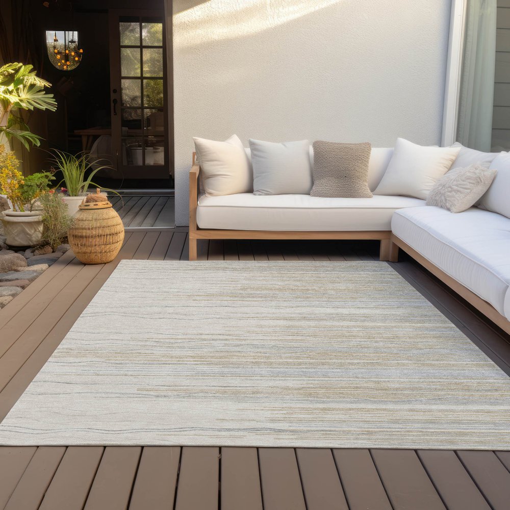8' X 10' Linen Gray And Beige Striped Washable Indoor Outdoor Area Rug HomeRoots