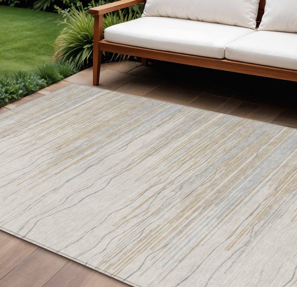8' X 10' Linen Gray And Beige Striped Washable Indoor Outdoor Area Rug HomeRoots