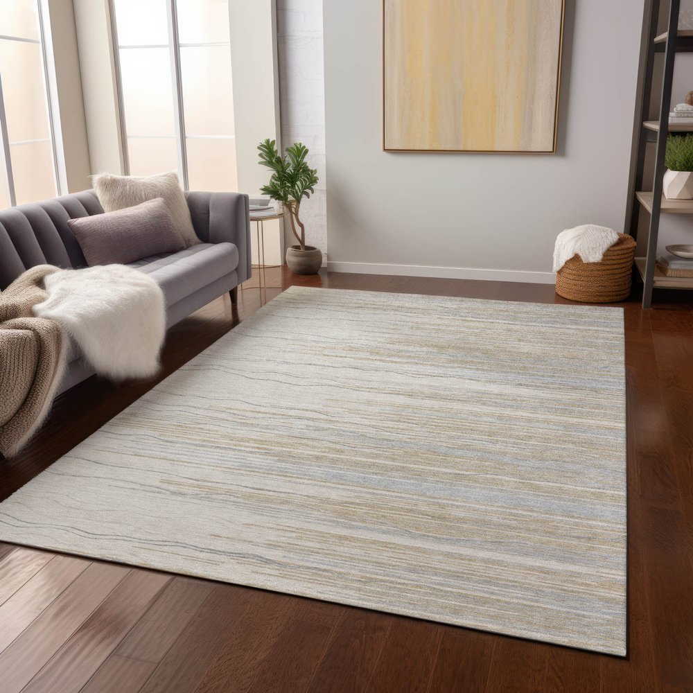 8' X 10' Linen Gray And Beige Striped Washable Indoor Outdoor Area Rug HomeRoots