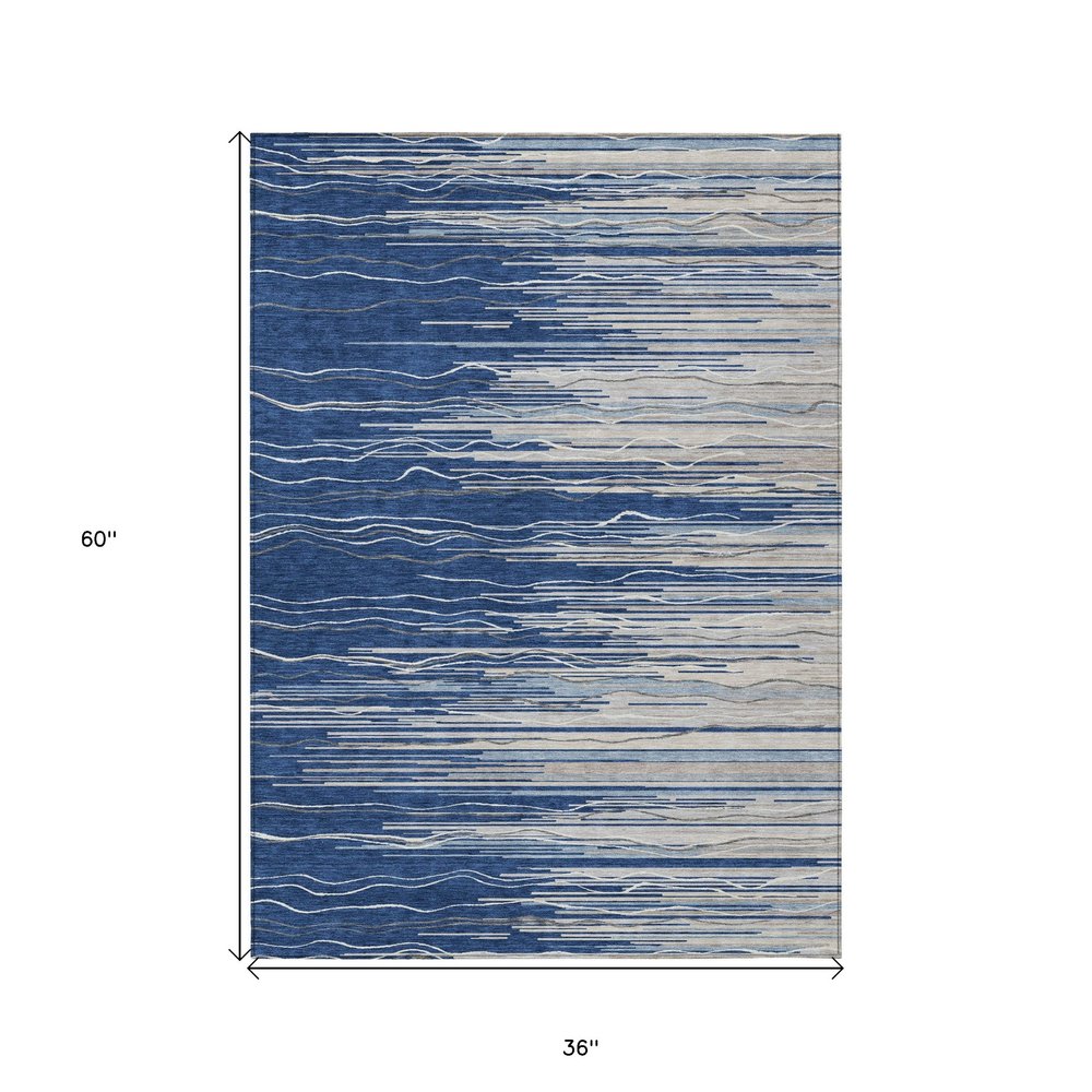 3' X 5' Navy Blue Gray And Ivory Striped Washable Indoor Outdoor Area Rug HomeRoots