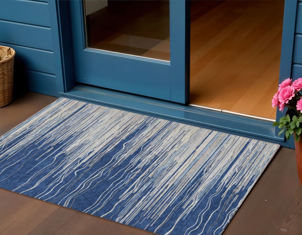 3' X 5' Navy Blue Gray And Ivory Striped Washable Indoor Outdoor Area Rug HomeRoots
