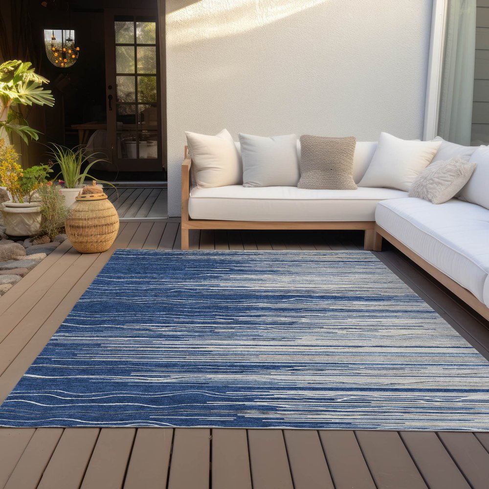 3' X 5' Navy Blue Gray And Ivory Striped Washable Indoor Outdoor Area Rug — view 17