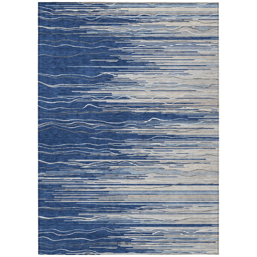 3' X 5' Navy Blue Gray And Ivory Striped Washable Indoor Outdoor Area Rug HomeRoots