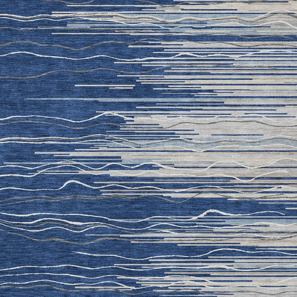 3' X 5' Navy Blue Gray And Ivory Striped Washable Indoor Outdoor Area Rug — view 5