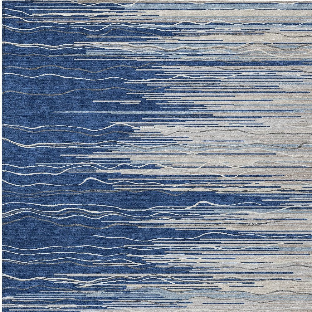 3' X 5' Navy Blue Gray And Ivory Striped Washable Indoor Outdoor Area Rug HomeRoots