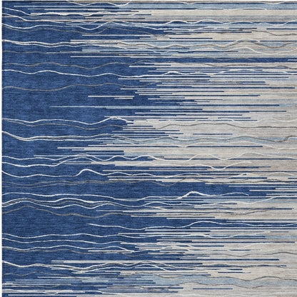 3' X 5' Navy Blue Gray And Ivory Striped Washable Indoor Outdoor Area Rug HomeRoots