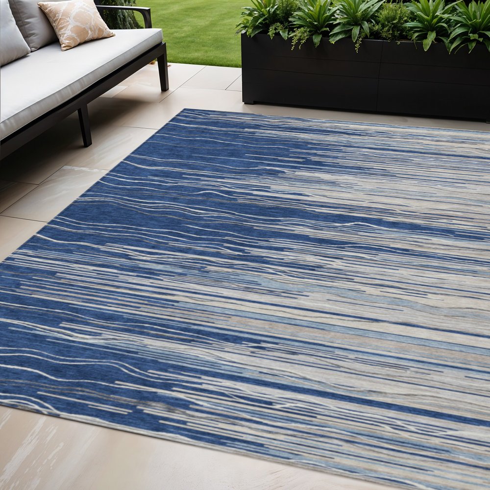 3' X 5' Navy Blue Gray And Ivory Striped Washable Indoor Outdoor Area Rug HomeRoots