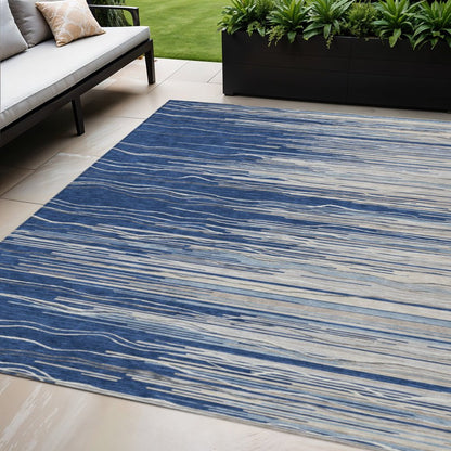 3' X 5' Navy Blue Gray And Ivory Striped Washable Indoor Outdoor Area Rug HomeRoots
