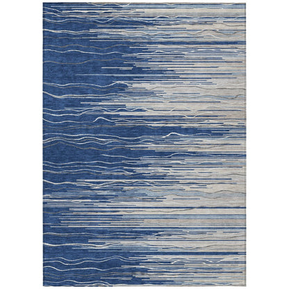 3' X 5' Navy Blue Gray And Ivory Striped Washable Indoor Outdoor Area Rug HomeRoots