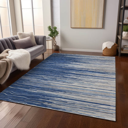 3' X 5' Navy Blue Gray And Ivory Striped Washable Indoor Outdoor Area Rug HomeRoots