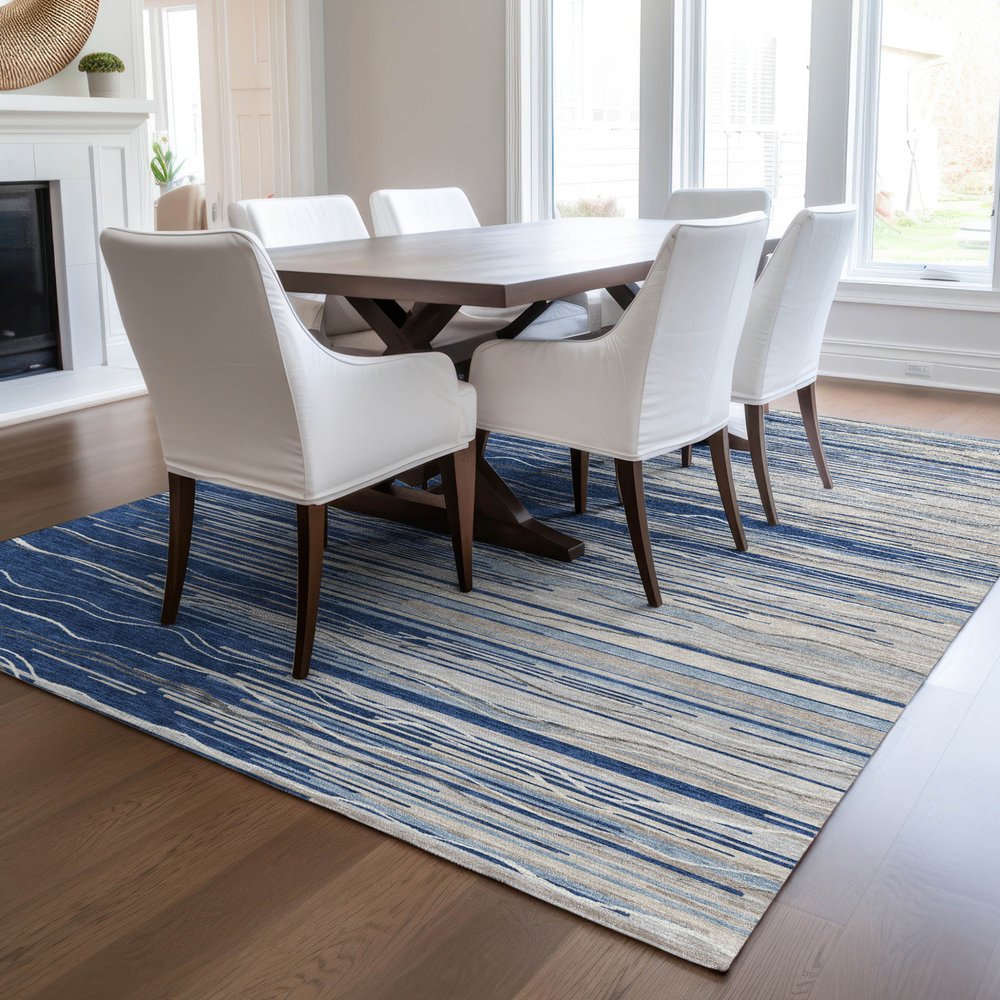 3' X 5' Navy Blue Gray And Ivory Striped Washable Indoor Outdoor Area Rug — view 30