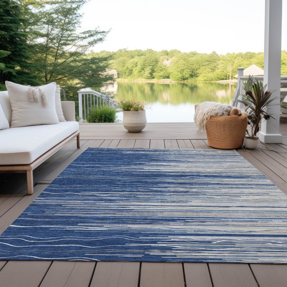 3' X 5' Navy Blue Gray And Ivory Striped Washable Indoor Outdoor Area Rug — view 31