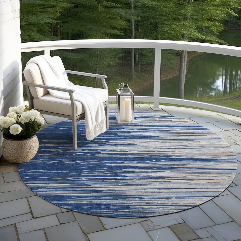 3' X 5' Navy Blue Gray And Ivory Striped Washable Indoor Outdoor Area Rug — view 55