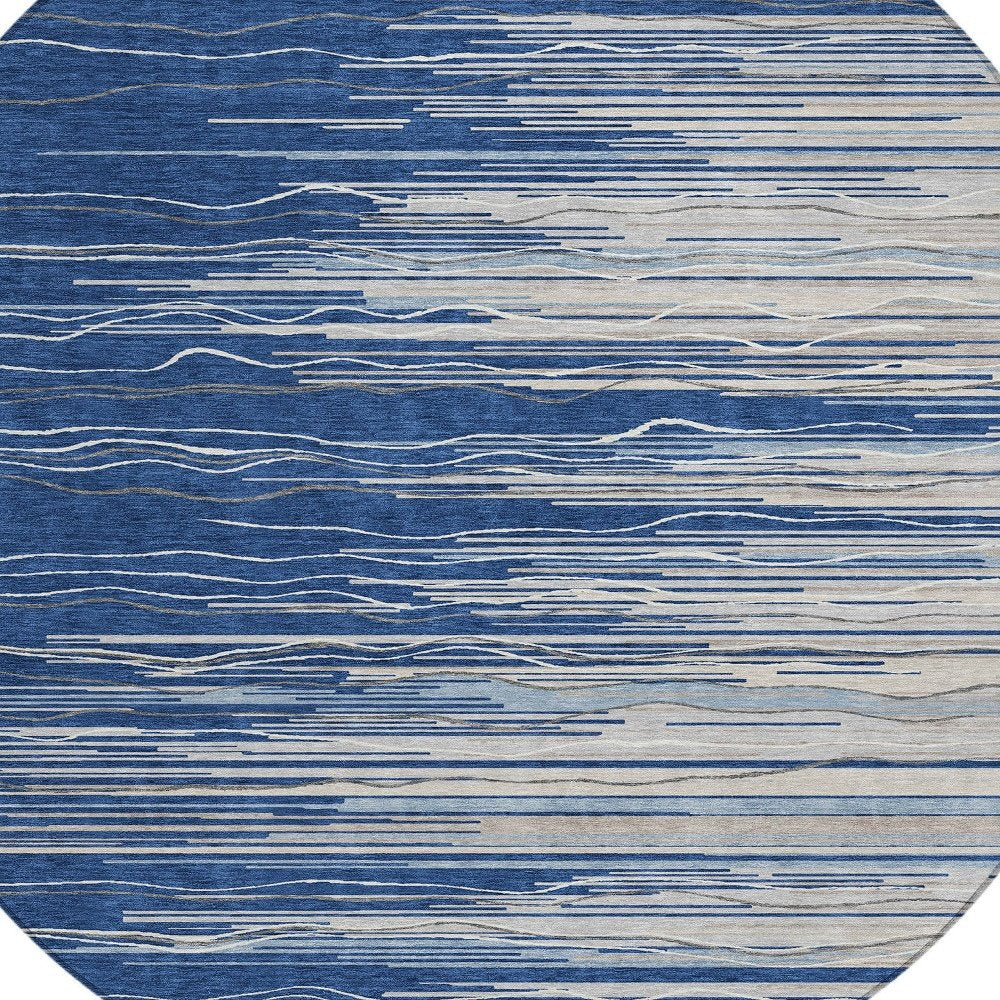 3' X 5' Navy Blue Gray And Ivory Striped Washable Indoor Outdoor Area Rug HomeRoots