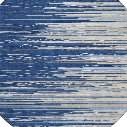 3' X 5' Navy Blue Gray And Ivory Striped Washable Indoor Outdoor Area Rug HomeRoots