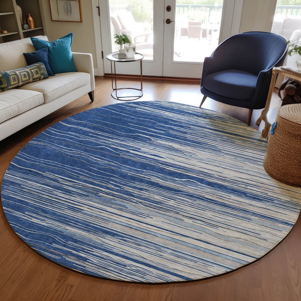 3' X 5' Navy Blue Gray And Ivory Striped Washable Indoor Outdoor Area Rug HomeRoots