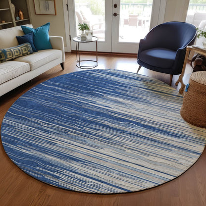 3' X 5' Navy Blue Gray And Ivory Striped Washable Indoor Outdoor Area Rug HomeRoots
