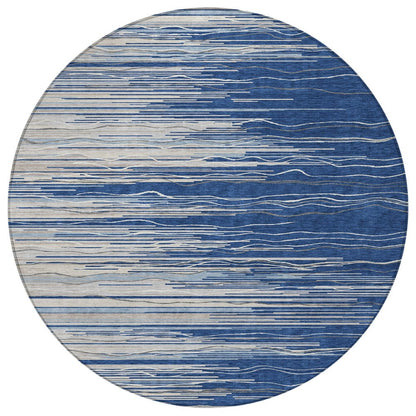 3' X 5' Navy Blue Gray And Ivory Striped Washable Indoor Outdoor Area Rug HomeRoots