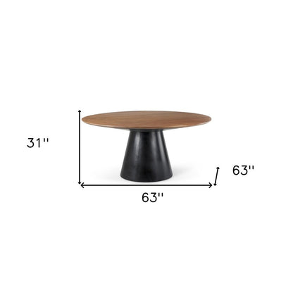 63" Brown and Black Solid Wood and Metal Pedestal Base Round Top Dining Table HomeRoots
