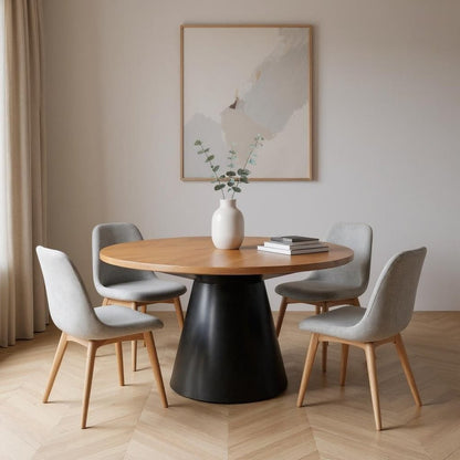 63" Brown and Black Solid Wood and Metal Pedestal Base Round Top Dining Table HomeRoots