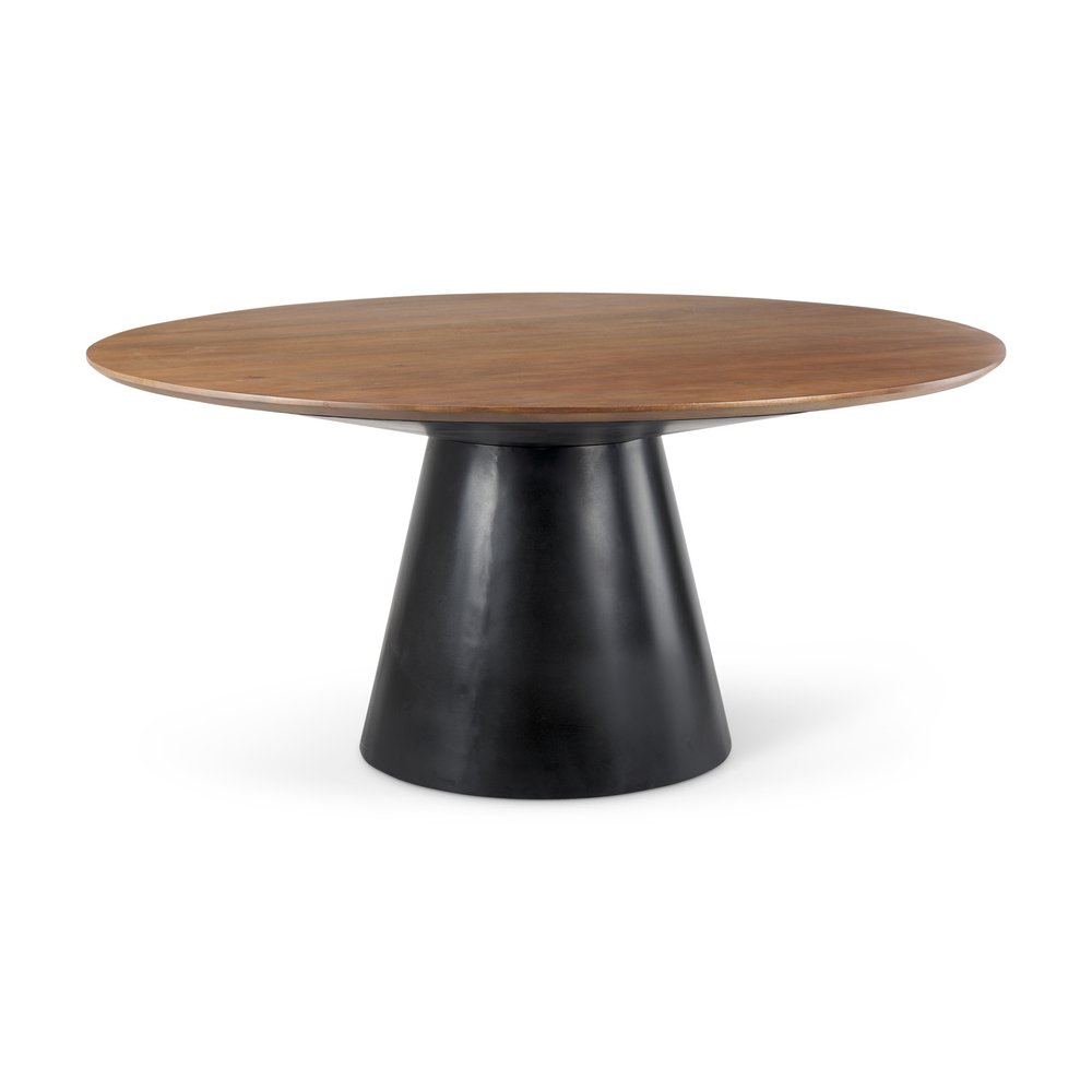 63" Brown and Black Solid Wood and Metal Pedestal Base Round Top Dining Table HomeRoots