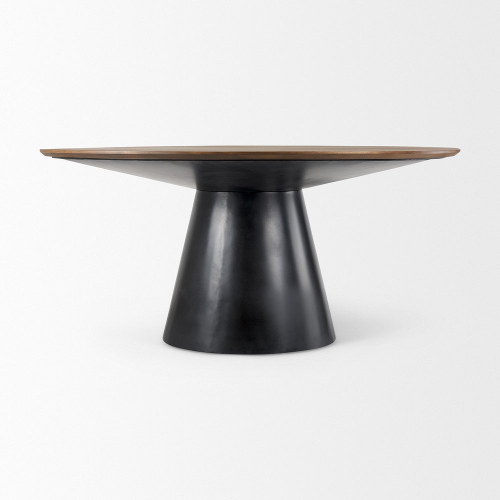 63" Brown and Black Solid Wood and Metal Pedestal Base Round Top Dining Table HomeRoots