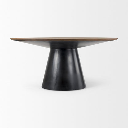 63" Brown and Black Solid Wood and Metal Pedestal Base Round Top Dining Table HomeRoots