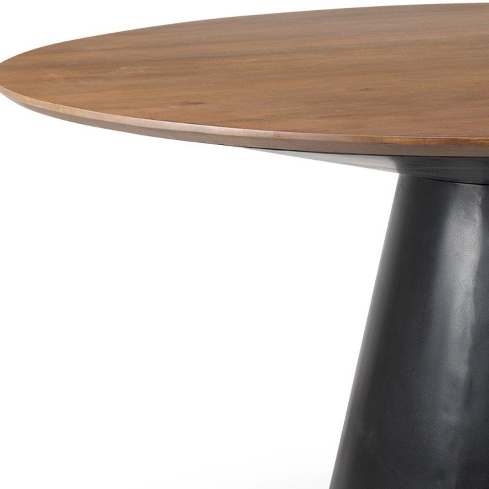 63" Brown and Black Solid Wood and Metal Pedestal Base Round Top Dining Table HomeRoots
