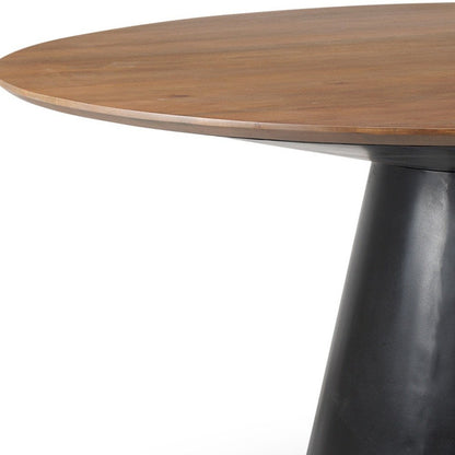 63" Brown and Black Solid Wood and Metal Pedestal Base Round Top Dining Table HomeRoots