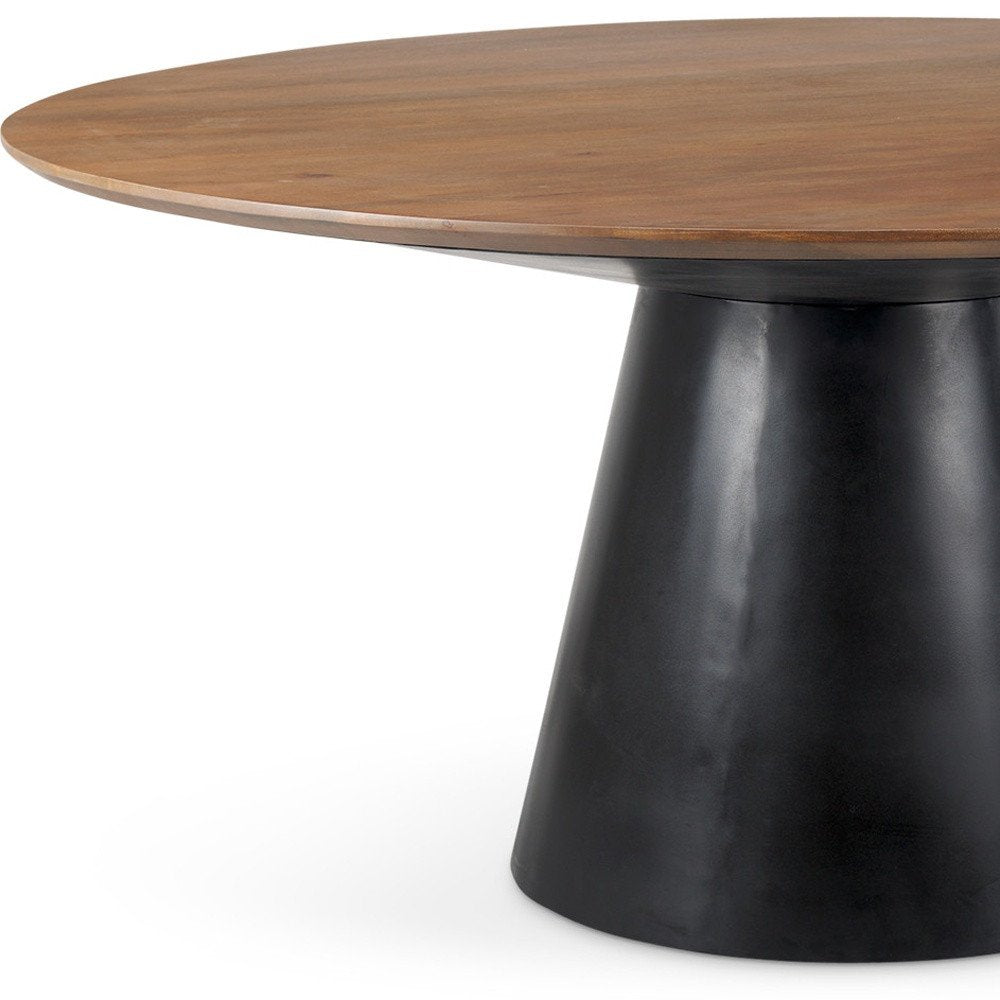 63" Brown and Black Solid Wood and Metal Pedestal Base Round Top Dining Table HomeRoots