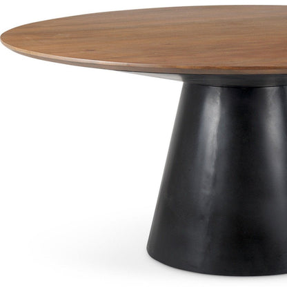63" Brown and Black Solid Wood and Metal Pedestal Base Round Top Dining Table HomeRoots
