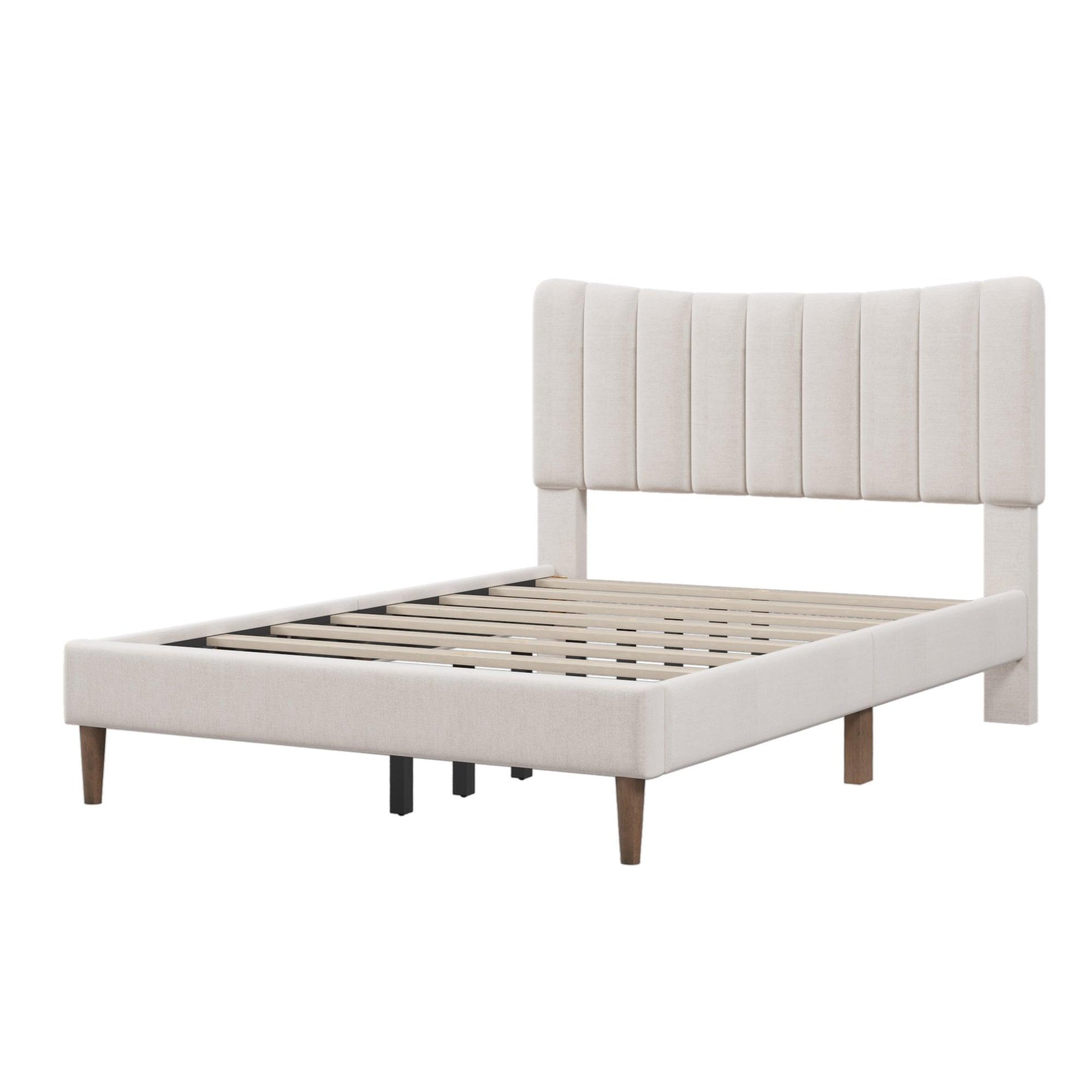 Upholstered Platform Bed Frame with Vertical Channel Tufted Headboard No Box Spring Needed Full Cream - FurniFindUSA