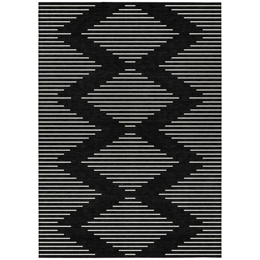 5' X 8' Black And Ivory Geometric Washable Indoor Outdoor Area Rug