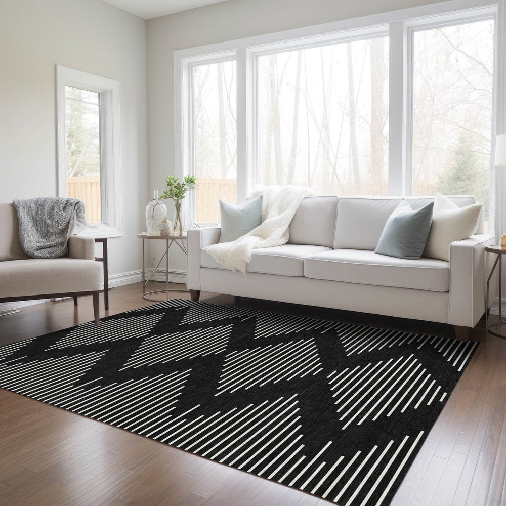 5' X 8' Black And Ivory Geometric Washable Indoor Outdoor Area Rug HomeRoots