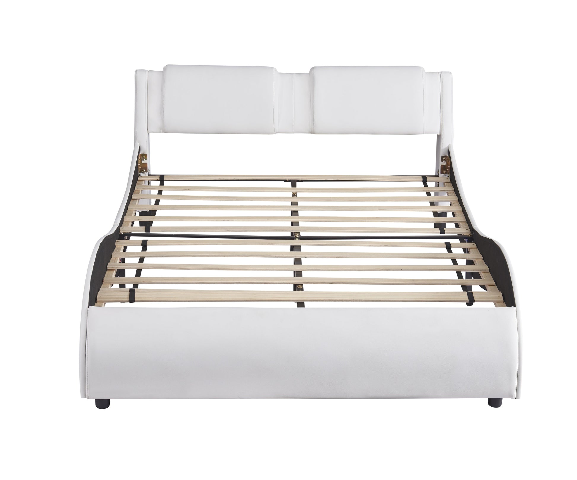 Full Size Upholstered Faux Leather Platform Bed with LED Light Bed Frame with Slatted - White - FurniFindUSA